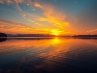 Naklejka premium Beautiful sunset on the lake with reflection in water. Colorful summer landscape.