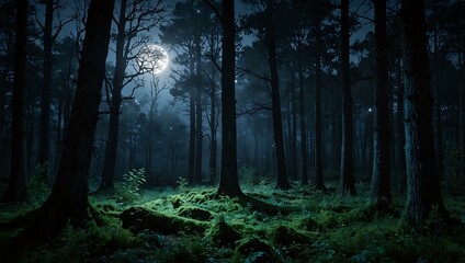 Fototapeta premium Enchanted moonlit twilight forest.