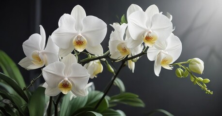 Obraz premium White vanilla orchid in full bloom with green leaves, exotic, natural, floral arrangement
