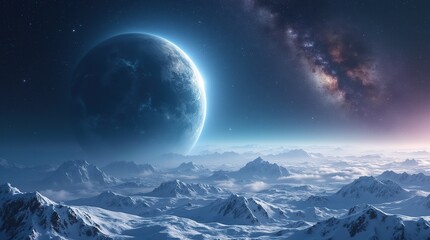 Mystical Cosmic Landscape With Snowy Peaks and Distant Planet