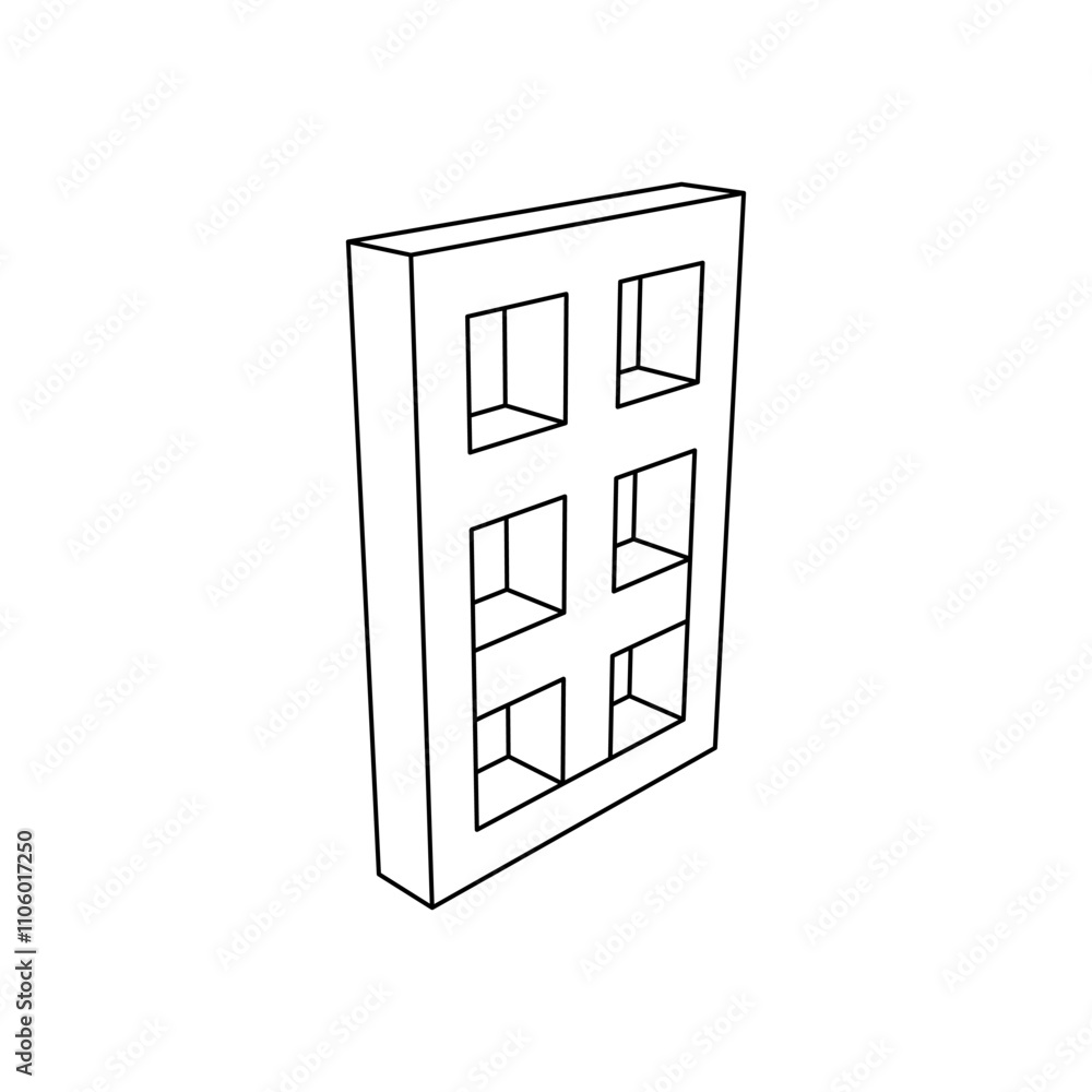 Poster the outline of a large office building symbol is made with black lines. 3d view of the object in per