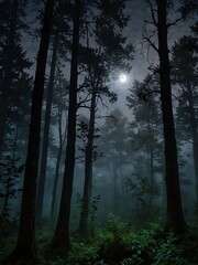 Obraz premium Enchanted, ethereal foggy twilight with moonlit, serene forest.