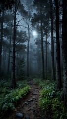 Fototapeta premium Enchanted, foggy forest with moonlight.