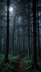 Fototapeta premium Enchanted, foggy forest with moonlight.