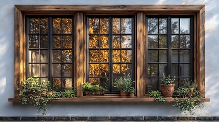 Wooden rustic door featuring glass panels paired with decorative green plants picture