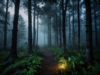 Fototapeta premium Enchanted, foggy twilight forest with glowing, magical atmosphere.