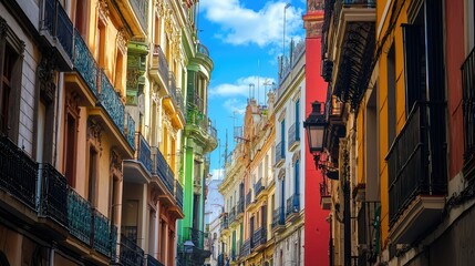 Fototapeta premium Colorful Architecture of Tall Narrow Buildings in an Urban Setting Under a Bright Sky with Clouds, Showcasing Vibrant Facades and Charming Details