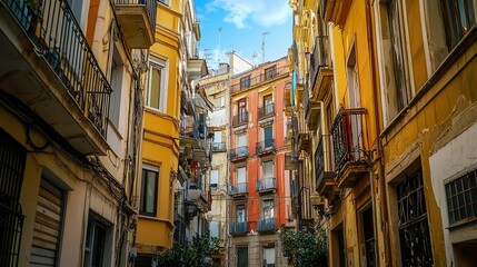 Fototapeta premium A Vibrant Urban Scene Showcasing Tall, Narrow Buildings That Create a Unique Architectural Composition in a Lively City Environment with Blue Sky