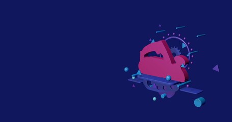 Pink electric plane symbol on a pedestal of abstract geometric shapes floating in the air. Abstract concept art with flying shapes on the right. 3d illustration on indigo background