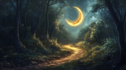 A crescent moon glows above a forest path at night