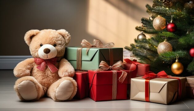 christmas teddy bear with gifts