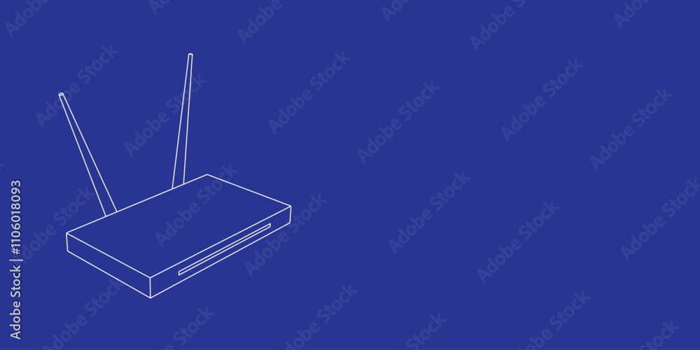 Poster the outline of a large router symbol made of white lines on the left. 3d view of the object in persp