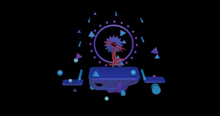 Fototapeta premium Red freestyle skiing symbol on a pedestal of abstract geometric shapes floating in the air. Abstract concept art with flying shapes in the center. 3d illustration on black background