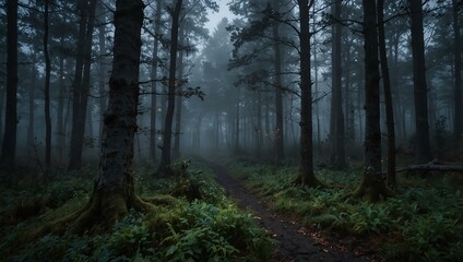 Fototapeta premium Enchanted, mystical foggy twilight scene in the forest.