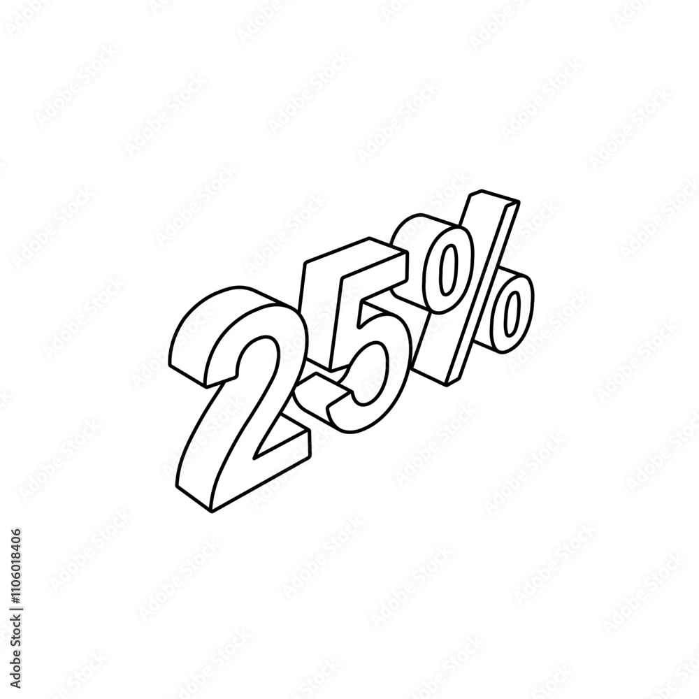 Poster the outline of a large 25 percent symbol is made with black lines. 3d view of the object in perspect