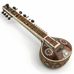 An intricate sitar with decorative inlays and curved body,
