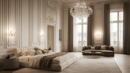 Fototapeta premium Luxurious bedroom with large bed, sofa, and chandelier.