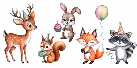 Naklejka premium Watercolor painting of a woodland gathering of animals in a magical forest, blending whimsical and vibrant elements for a stunning nature scene.