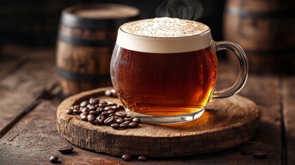 A glass of beer with a creamy foam top, surrounded by coffee beans on a wooden surface.