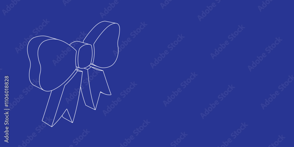 Poster the outline of a large bow symbol made of white lines on the left. 3d view of the object in perspect