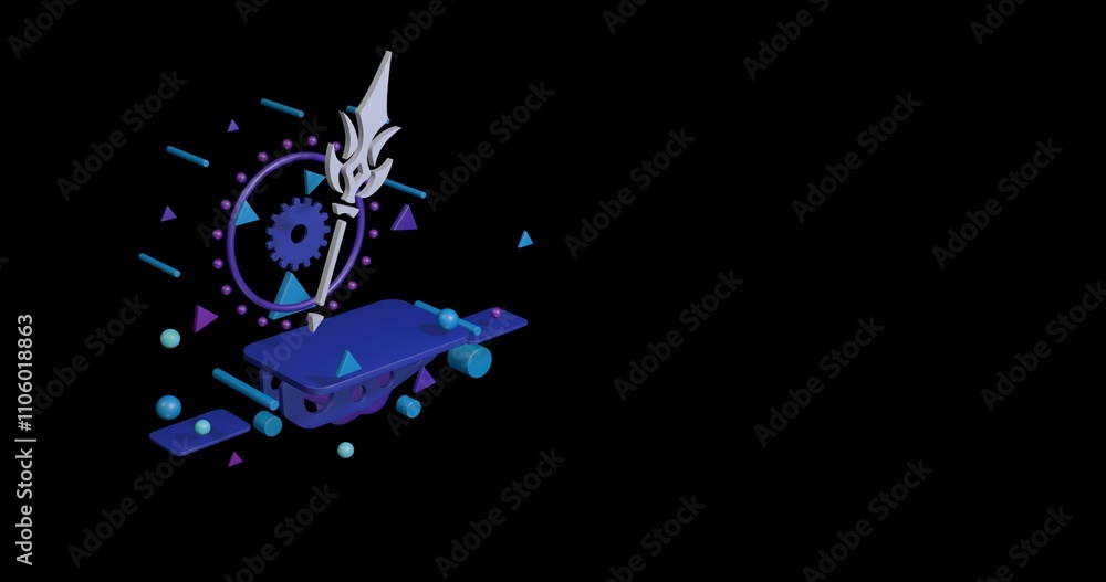 Poster white mystical spear symbol on a pedestal of abstract geometric shapes floating in the air. abstract