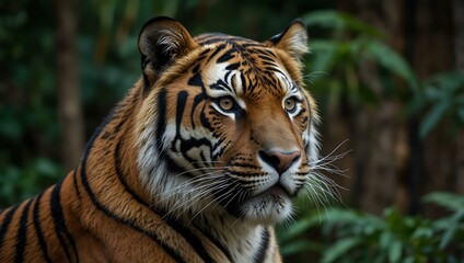 Obraz premium Endangered sumatran tiger, showcasing its fur and gaze.