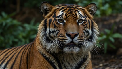 Fototapeta premium Endangered sumatran tiger, showcasing its fur and gaze.