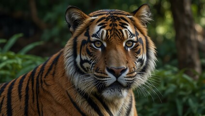 Fototapeta premium Endangered sumatran tiger, showcasing its fur and gaze.