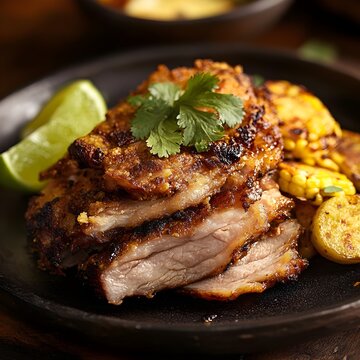 ECUADORIAN HORNADO featuring slow-roasted pork with crispy skin served alongside mote (hominy corn) and llapingacho (potato pancakes).