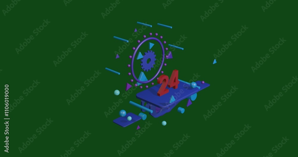 Aufkleber red around the clock symbol on a pedestal of abstract geometric shapes floating in the air. abstract