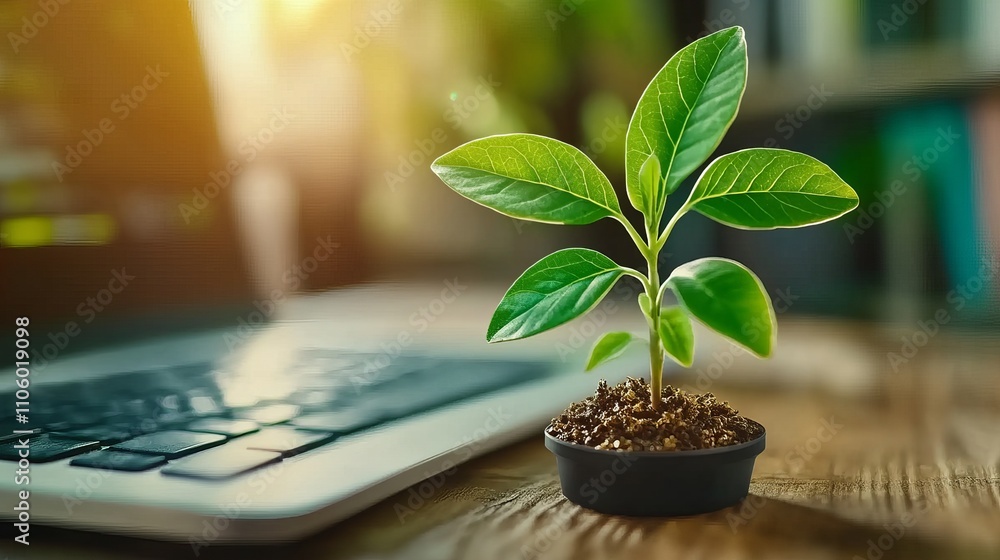 Canvas Prints A vibrant green plant sprouting from rich soil next to a laptop, symbolizing growth and sustainability in a modern workspace.