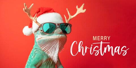 Merry Christmas concept holiday vacation winter animal pet greeting card with text - Cool chameleon reptile with sunglasses and santa hat, isolated on red background