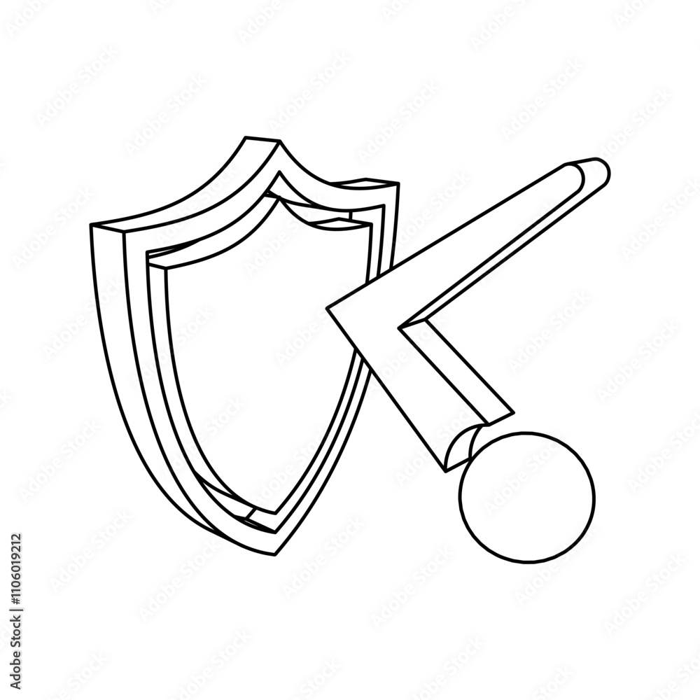 Poster the outline of a large ball bounces off the shield symbol is made with black lines. 3d view of the o
