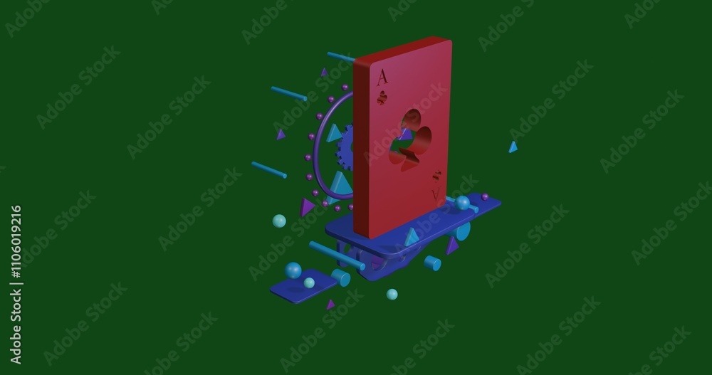 Aufkleber red ace of clubs card on a pedestal of abstract geometric shapes floating in the air. abstract conce