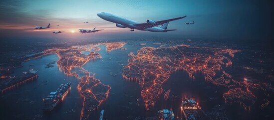 Fototapeta premium Airplane flying over a world map at night with city lights.