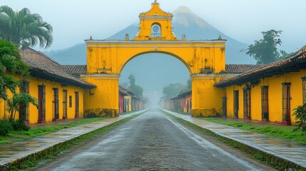 A scenic view of a yellow archway leading down a misty street with a volcano in the background.