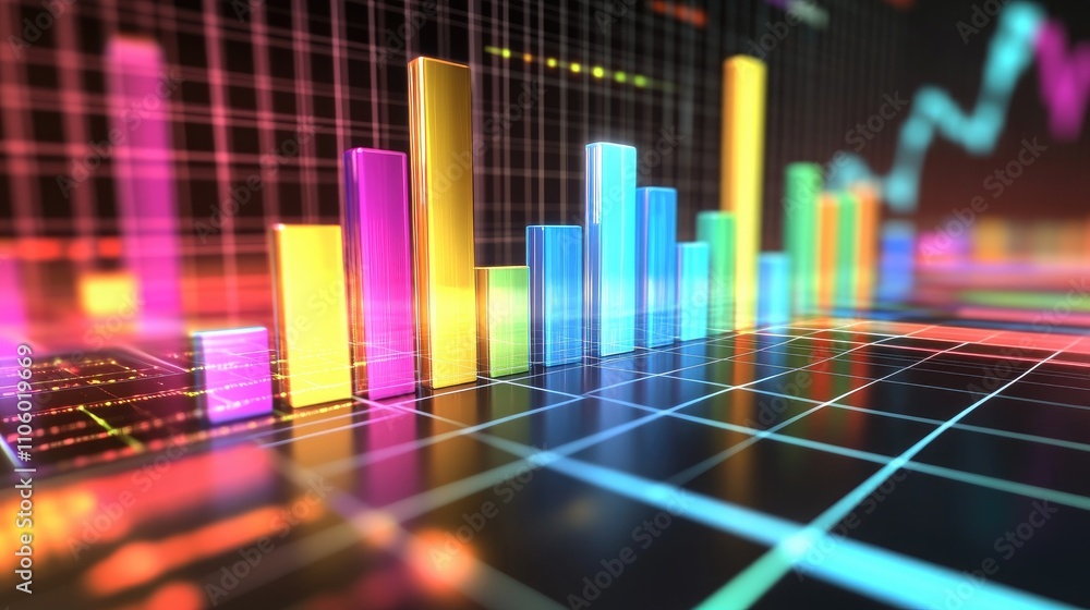 Aufkleber a reflective 3d bar graph with vibrant colors and soft shadows, depicting financial growth statistic