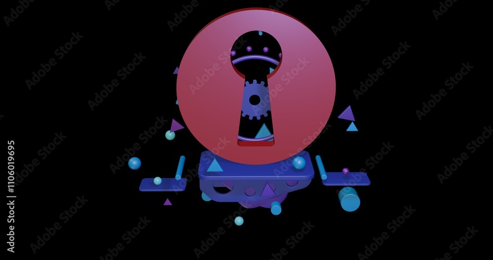 Poster red keyhole symbol on a pedestal of abstract geometric shapes floating in the air. abstract concept 
