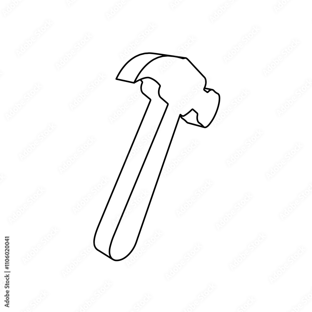Poster the outline of a large hammer symbol is made with black lines. 3d view of the object in perspective.