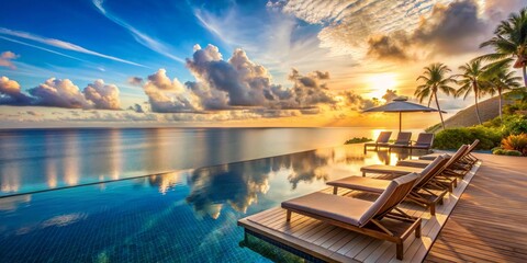 Fototapeta premium Sunset Paradise Infinity Pool, Tropical Vista, Tranquil Composition