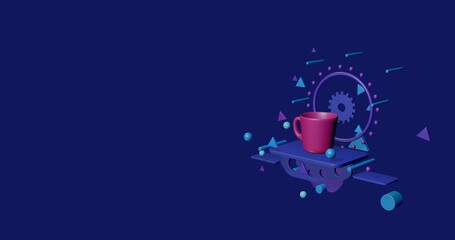 Pink cup on a pedestal of abstract geometric shapes floating in the air. Abstract concept art with flying shapes on the right. 3d illustration on indigo background