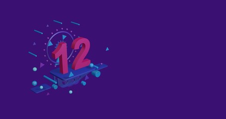 Pink twelve number on a pedestal of abstract geometric shapes floating in the air. Abstract concept art with flying shapes on the left. 3d illustration on deep purple background