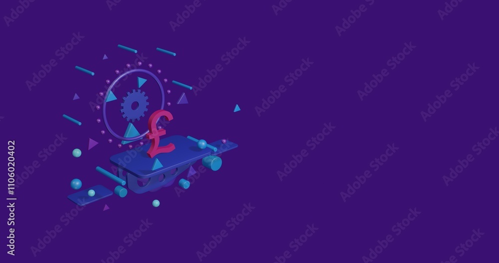 Poster pink pound symbol on a pedestal of abstract geometric shapes floating in the air. abstract concept a