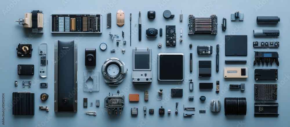 Poster flat lay of various technological components and devices on a blue background.