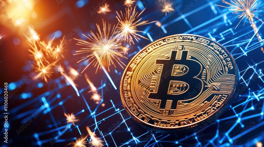 Poster bitcoin all time high, a vibrant bitcoin coin shines amidst a backdrop of digital networks and spark