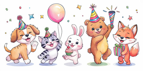 Watercolor illustration of a birthday celebration scene with presents, cake, and balloons, capturing a whimsical and joyful party moment.