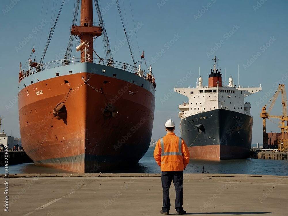 Poster engineers observing a large ship in a dockyard.