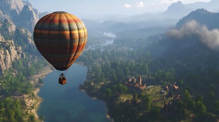 Naklejka premium Hot Air Balloon Aerial View Scenic Lakeside Village Mountain Landscape