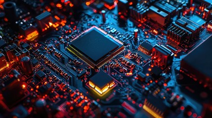 Obraz premium In-Depth View of High-Tech Automated Assembly Machinery with Advanced Circuitry and Dynamic Color Patterns for Cutting-Edge Construction Projects