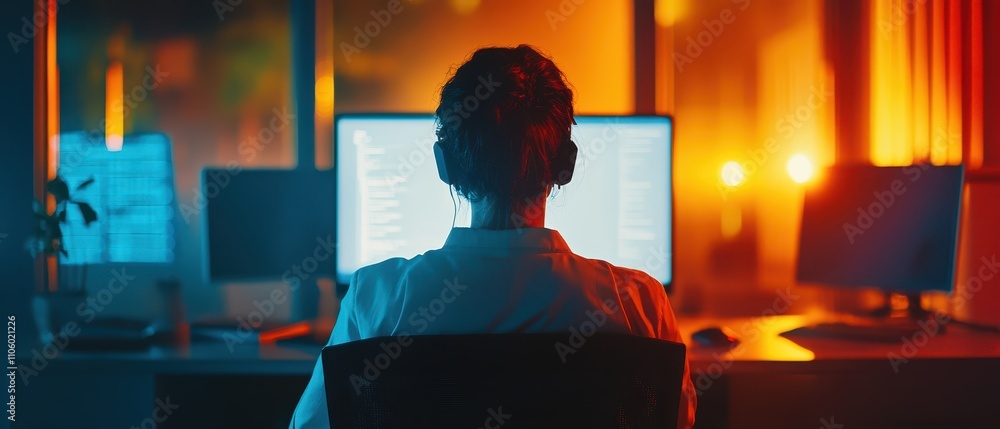 Poster individual working on computers in a dimly lit environment with colorful lighting during nighttime